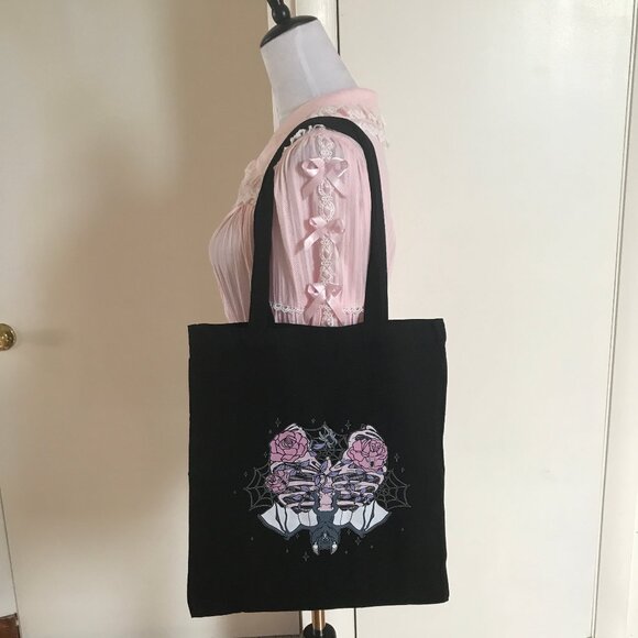 Gothic Lolita EGL Punk Pink & Black Rib Cage Roses & Bat Skelton Black Tote Bag - Picture 6 of 6